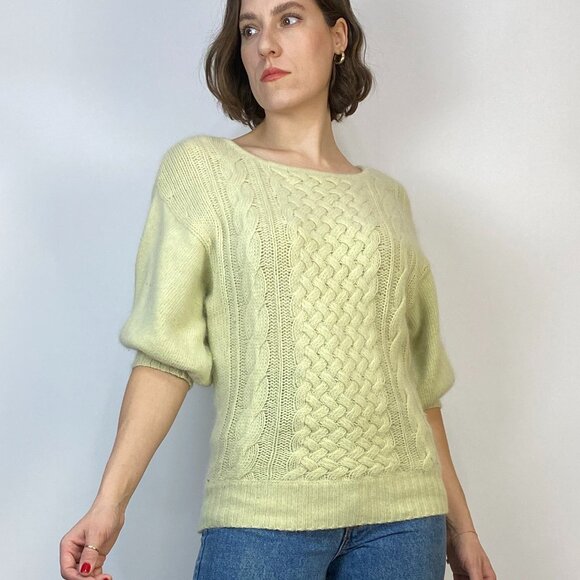 Vintage 1980s ACID Lime Green Fuzzy ANGORA PUFF Half Sleeve Sweater! Medium - Picture 7 of 7